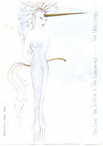 The Unicorn costume designed by Anthony Ward for Karen Bryson in original production of The Lion the Witch and the Wardrobe RSC