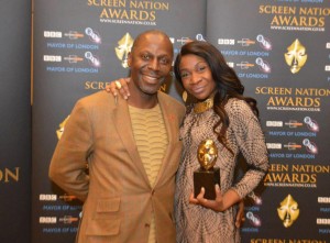 karen bryson and cyril nri at the screen nation awards. karen bryson winning of best TV actress award